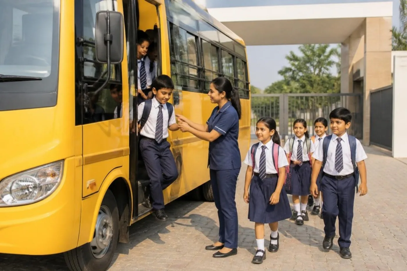 A bus attendant helping students step off the yellow school bus