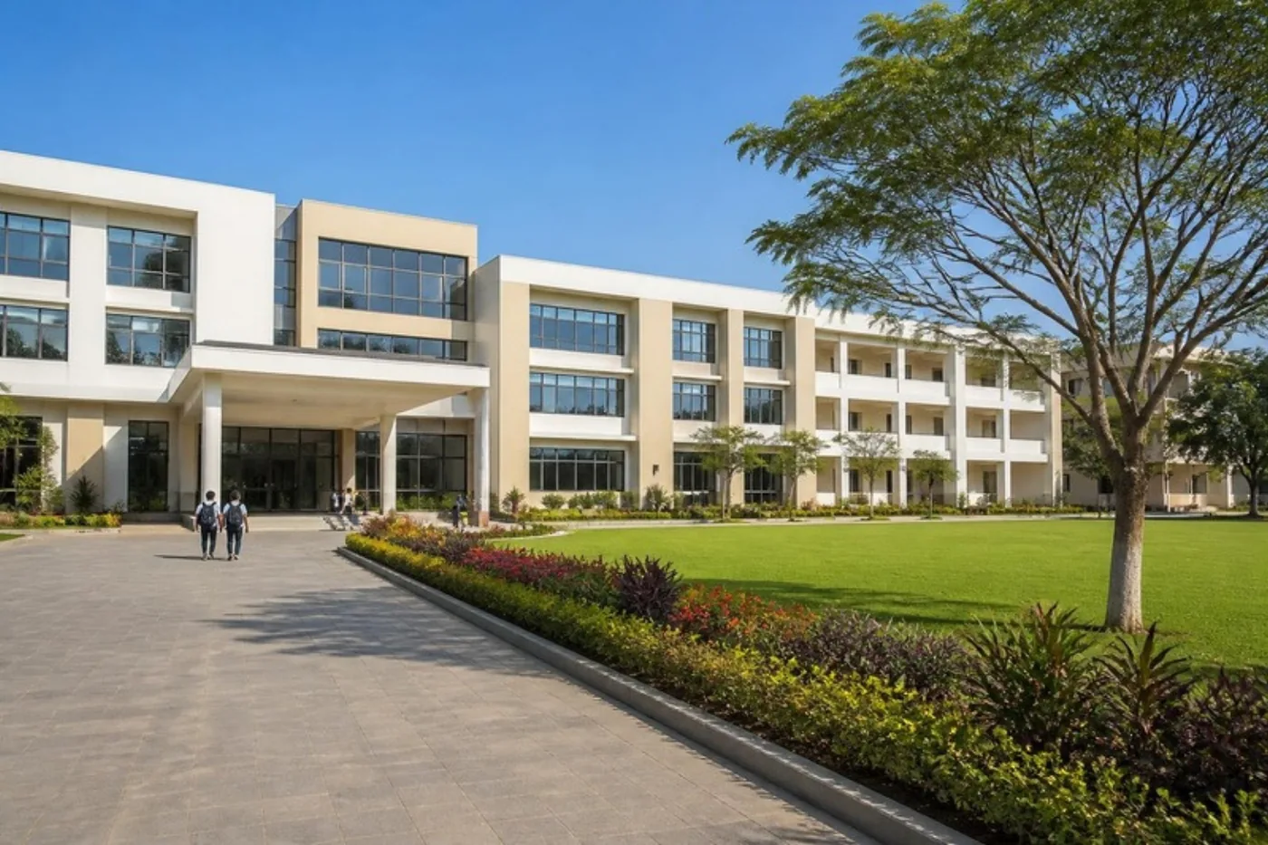 The school building with wide green lawns