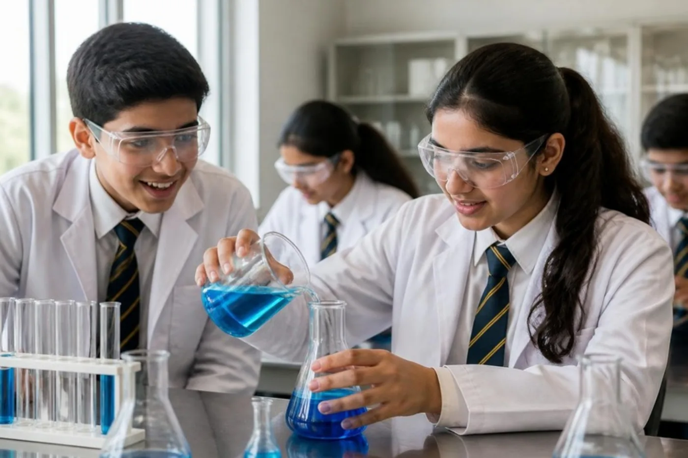 Senior students doing a chemistry experiment